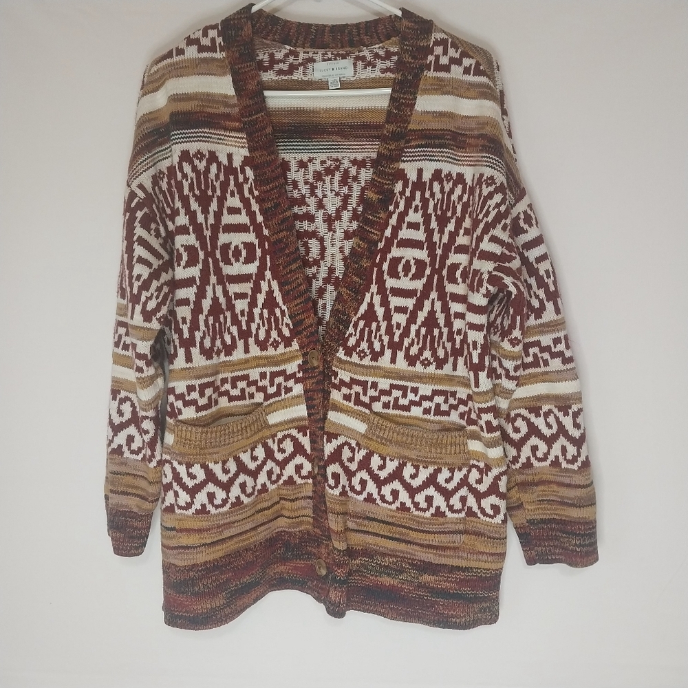 Lucky Brand Red Jaquard Boyfriend Sweater, Size L